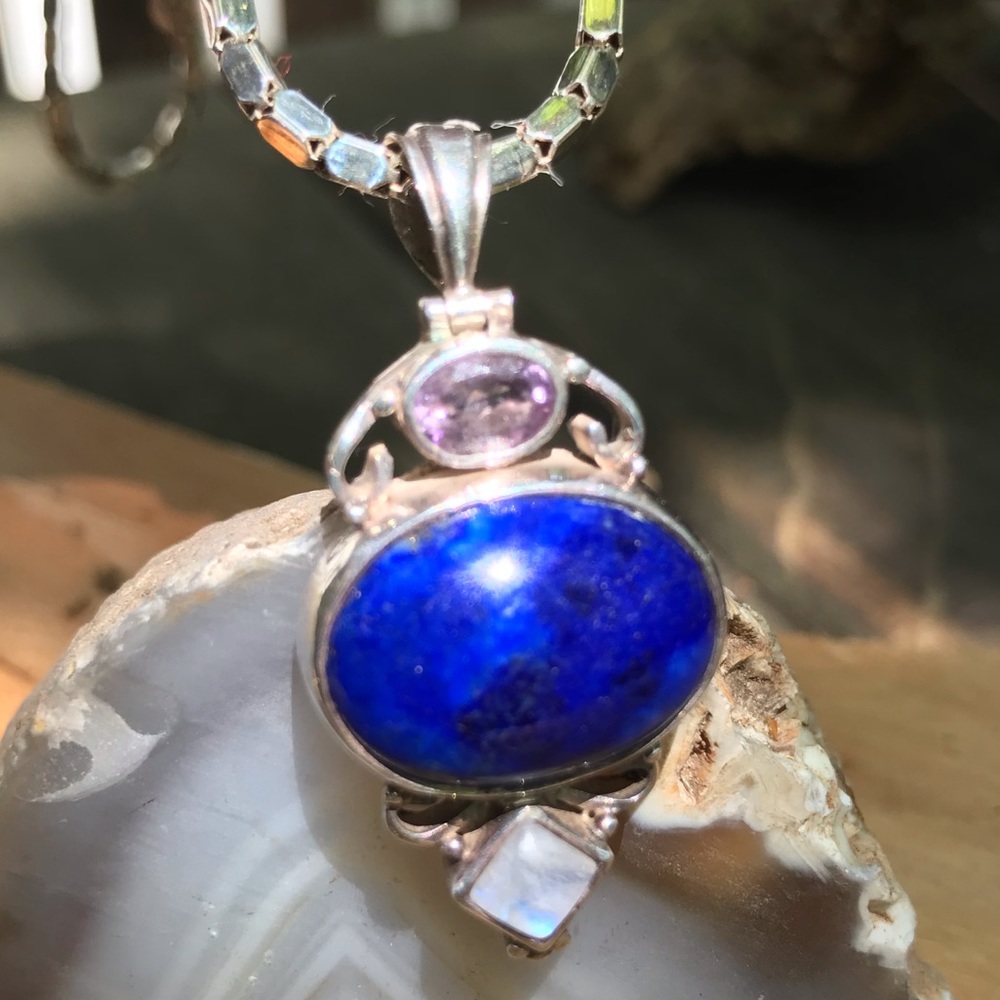 Lapis Amethyst Moonstone pendant in Silver